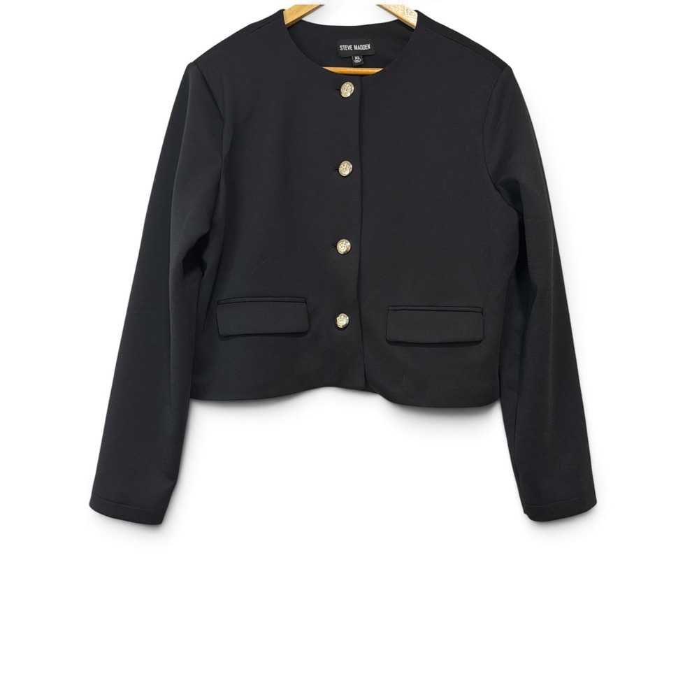 Steve Madden Black Cropped Blazer Jacket Gold Crest Buttons XL Collarless Scuba